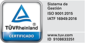 Certificado TÜV Reinhland. Sistema de Gestión ISO 9001:2015. IATF 16949:2016. www.tuv.com. ID: 9108633251